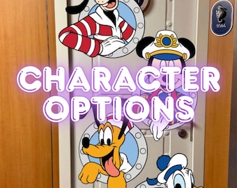 May include: A white door with cartoon character decals. The decals include Goofy, Minnie Mouse, Mickey Mouse, Pluto, and Donald Duck. The text "CHARACTER OPTIONS" is in the center of the door.