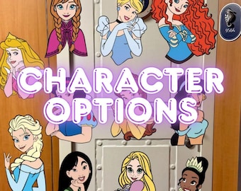 May include: A collection of cartoon character options, featuring various princesses. The image includes illustrations of Pocahontas, Ariel, Cinderella, and others. The text "CHARACTER OPTIONS" is displayed in a glowing, purple font.