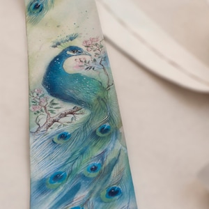 Hand painted silk tie, peacock feathers, custom necktie