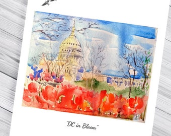 Capitol DC, aquarela DC, tulipas, cartão postal, pronto para enviar