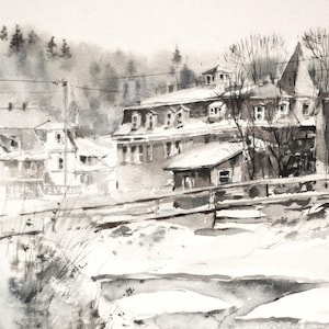 Vermont town, Hardwick, Vermont watercolor, winter landscape, urban sketch