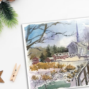 Stowe postcard, Vermont postcard, art reproduction, art print, Vermont watercolor