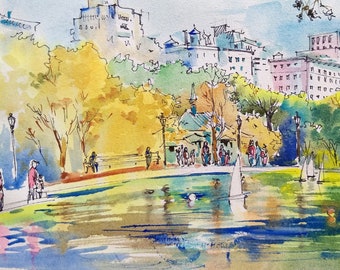 Carte postale NYC, Central Park, New York, reproduction à l'aquarelle