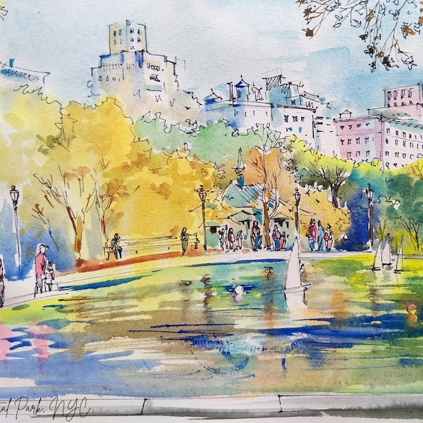 NYC postcard, Central Park, New York, watercolor reproduction