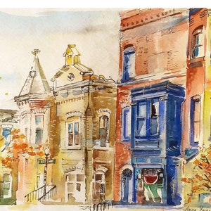 Aquarelle de Washington DC | Georgetown | O street, maisons en rangée DC