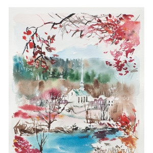 Vermont watercolor, Stowe VT,  Vermont foliage, art print, Stowe watercolor painting
