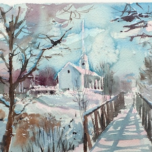 Stowe watercolor, Community Church, Vermont, watercolor, Vermont landscape
