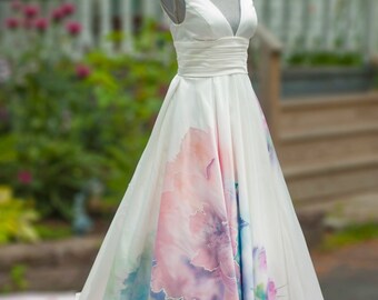 Hand painted wedding dress, floral dress, unique dress