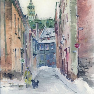 Quebec City painting, Quebec watercolor, giclée print, winter Quebec