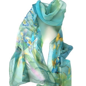 Hand painted silk shawl, sage scarf, yarrow, irises & bees
