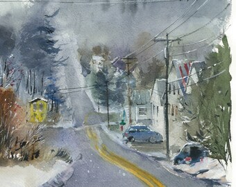 Mistige Hardwick Vermont-aquarelkunstdruk: winters tafereel
