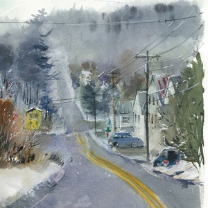 Foggy Hardwick Vermont Watercolor Art Print: Winter Town Scene