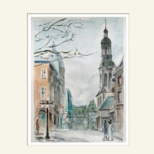 Quebec City Winter Watercolor Painting: Archival Print