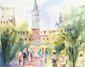 Vermont watercolor, Vermont town, Burlington painting, archival print