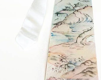 Hand painted necktie, Japanese painting inspired, landscape painting