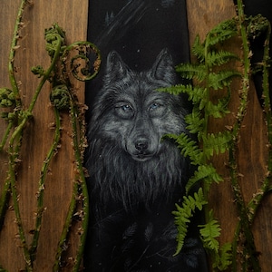Hand painted silk tie, black and white necktie, wolf necktie, made to order