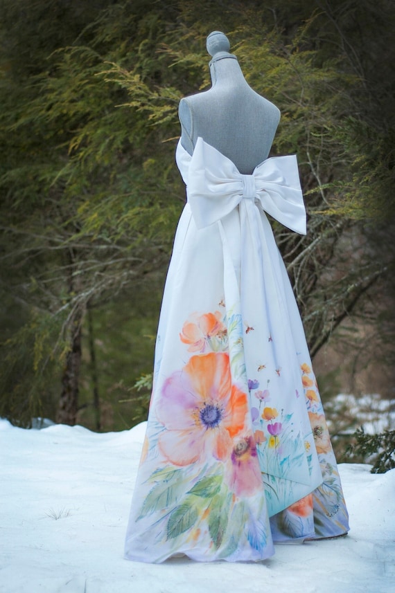 painted silk dress Hand Painted Garden Wedding Dress, Floral Dress, Made to Order