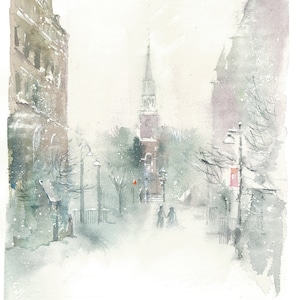 Burlington painting, Vermont watercolor, winter watercolor, Vermont winter, Church street Burlington, archival print