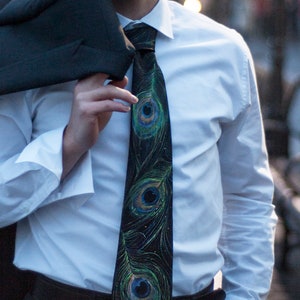 12th wedding anniversary gift, hand painted necktie, peacock feathers, silk tie, custom made