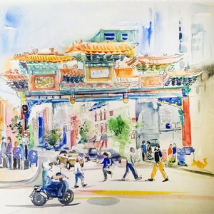 Cityscape, archival print, watercolor DC, Chinatown DC