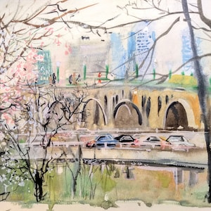 Watercolor, art print, archival print, reproduction, Key Bridge, DC