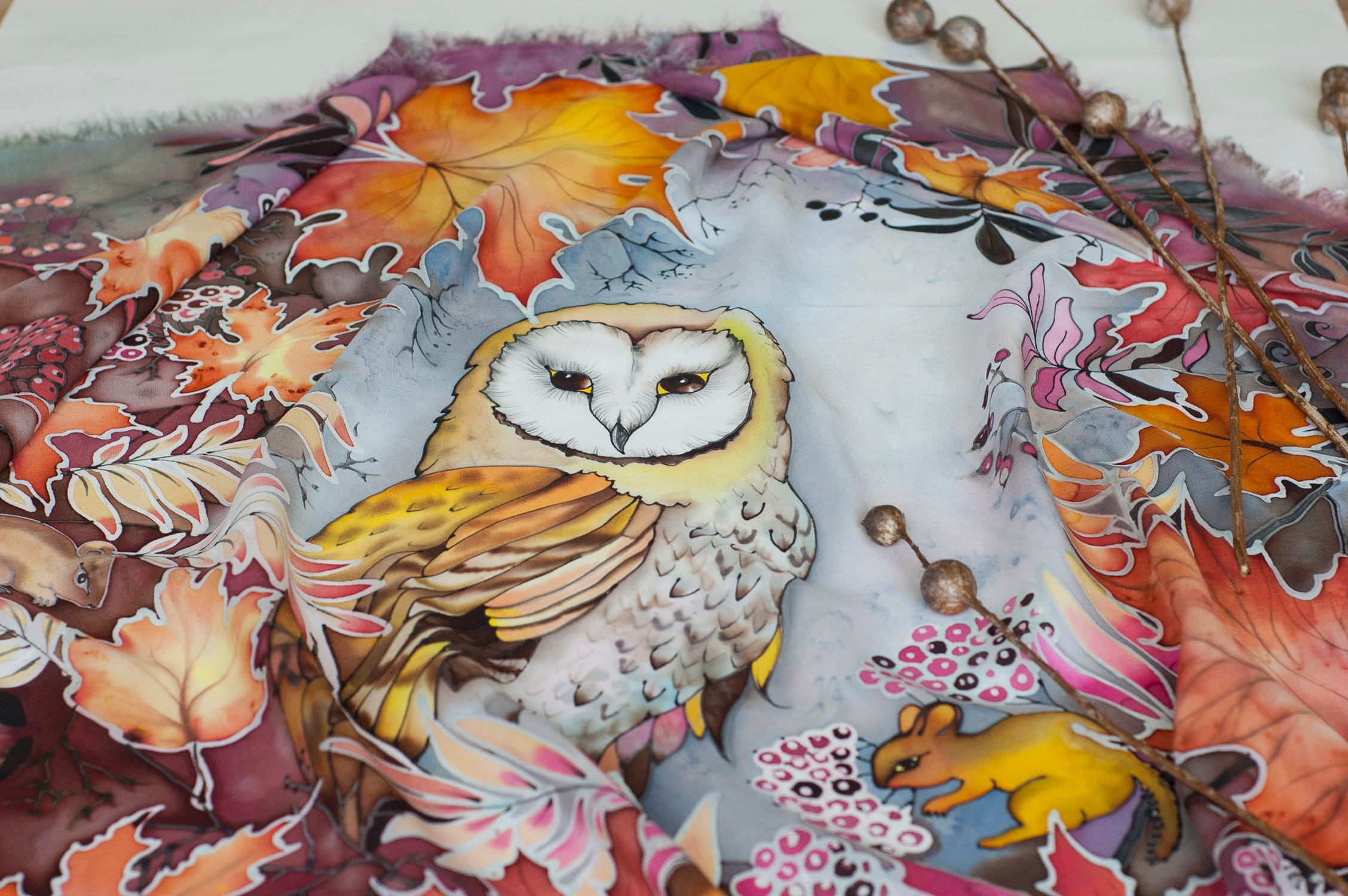 Hand painted scarf, silk scarf, barn owl, chipmunks, maple leaves, fall colors