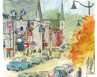 May include: A watercolor painting of a street scene in a small town. The street is lined with buildings, including a church with a tall steeple. There are cars parked on the street, and people walking on the sidewalk. The trees are in the fall colors of orange, yellow, and red.
