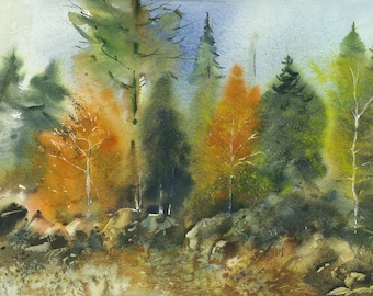 Impresión artística de acuarela de paisaje otoñal de Vermont (48 x 33 cm)