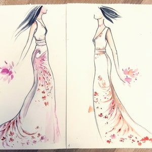 May include: Two watercolor fashion illustrations side-by-side depicting a figure in a sleeveless white gown. The dress features a flowing silhouette with a painted phoenix motif in shades of pink, red, and orange, extending down to the hemline.