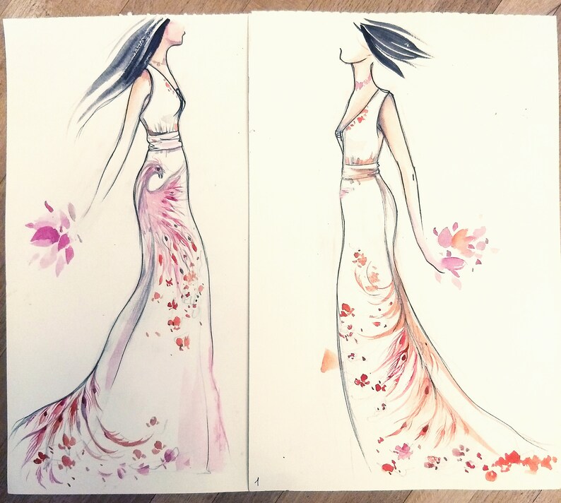 May include: Two watercolor fashion illustrations side-by-side depicting a figure in a sleeveless white gown. The dress features a flowing silhouette with a painted phoenix motif in shades of pink, red, and orange, extending down to the hemline.