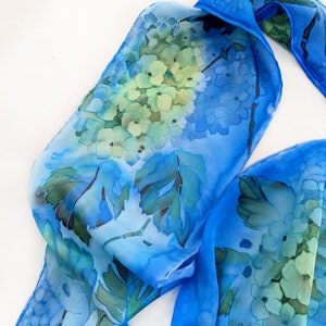 Silk scarf, hydrangea scarf, blue turquoise scarf, gift for a garden lover, hand painted scarf, made to order