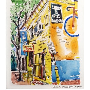 DC street, Georgetown, acquerello e inchiostro, cartolina, pronta per la spedizione