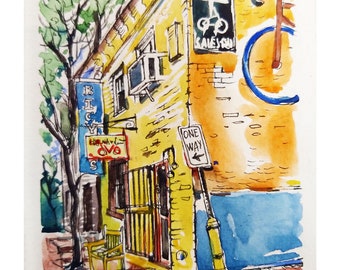 Rua DC, Georgetown, aquarela e tinta, cartão postal, pronto para envio