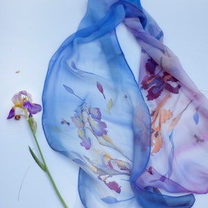 Silk scarf, hand painted scarf, irises and bees, blue scarf