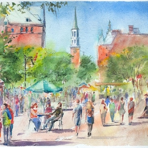 Burlington watercolor, archival print, Church Street, Vermont summer, Vermont town