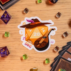 DnD | Bardo | adesivos de classe de dados | Adesivos D&D | Papel brilhante adesivo | Adesivo de folha brilhante