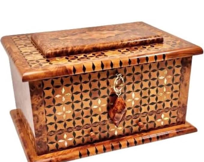 Hand Carved Wooden Multipurpose Keepsake Jewelry Decorative Art Box Storage Organizer (Large wood Box With lock,Antique)