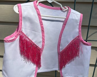 Cowgirl vest in white with pink long fringe and sparkle, cowgirl vest, white cowgirl vest,
