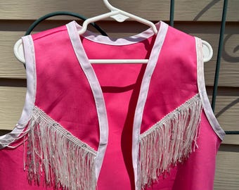 Cowgirl vest in pink with white long fringe and sparkle, cowgirl vest, pink cowgirl vest,