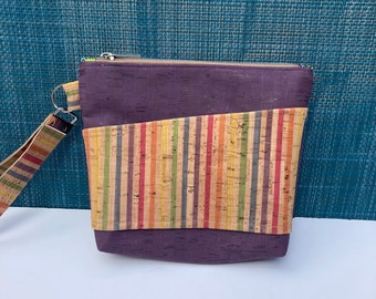 Cork wristlet with cute striped pocket. Purple cork wristlet, stripes cork wristlet