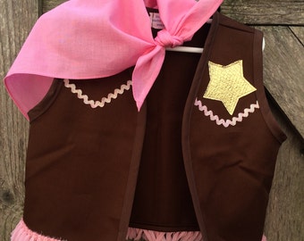 Sheriff Callie inspired costume vest/gold star, sparkly trim & pink scarf