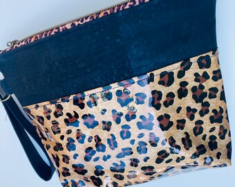 Leopardenmuster Vinyl und Kork Tasche, Leoparden Lederarmband, Leoparden Vinyl Tasche, Makeup Tasche, Kosmetiktasche,