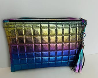 zippered pouch. Soft vinyl rainbow colored pouch, quilted, zippered vinyl bag, cosmetic bag, small purse
