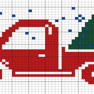 May include: A pixelated illustration of a red pickup truck carrying a green Christmas tree in its bed. Blue snowflake-like shapes are scattered in the background, creating a festive holiday scene. The truck has white details.