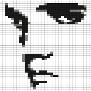 Może przedstawiać: Pikselowy czarno-szary obraz twarzy, prawdopodobnie portret. Obraz składa się z małych kwadratów, tworząc styl sztuki cyfrowej. Twarz ma oczy, nos i usta.