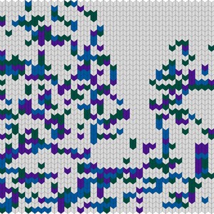 May include: Abstract textile design featuring a repeating pattern of chevron shapes in shades of blue, green, and purple against a gray background. The design has a knitted or woven appearance, creating a textured visual effect. The color blocks are irregularly distributed.