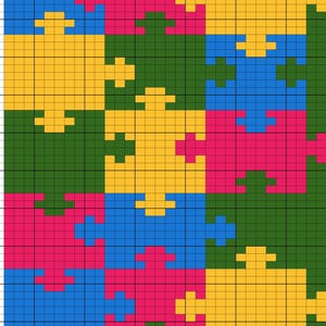May include: A vibrant puzzle design with interlocking pieces in yellow, blue, and pink set against a green backdrop. The pattern is formed from individual squares, giving a pixelated appearance. The image conveys a theme of connection and problem-solving.