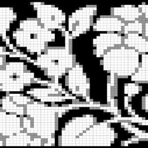 Könnte beinhalten: Ein schwarz-weiß pixeliges Blumendesign. Das Bild zeigt eine stilisierte Darstellung von Blumen und Blättern mit einem rasterartigen Muster. Die Blumen sind weiß mit Grautönen, vor einem schwarzen Hintergrund.