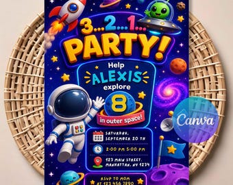 Outer Space Astronaut Birthday Invitation – Blast Off Galaxy Party (Canva Template)