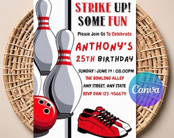 Fiesta de cumpleaños con temática de bolos editable, fiesta de cumpleaños de bolos, invitación para fiesta de bolos, invitación de cumpleaños de bolos imprimible, bolos